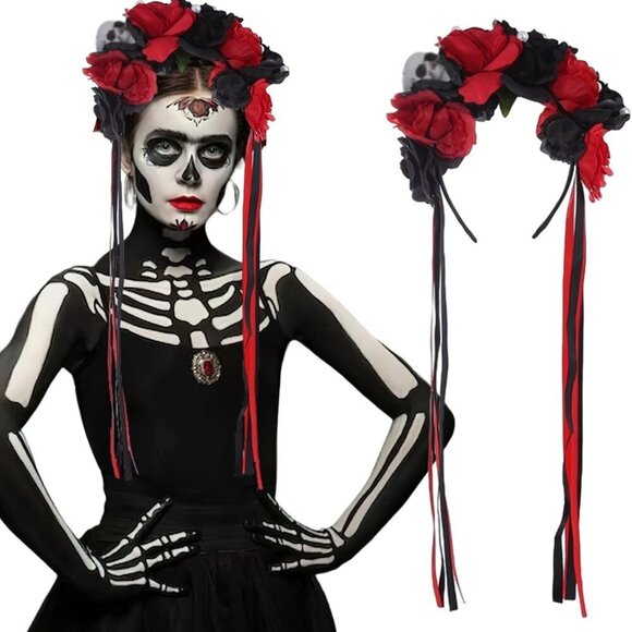 Accessories - Halloween Flower Headband Skull Rose Floral Crown Gothic Costume Accessory
